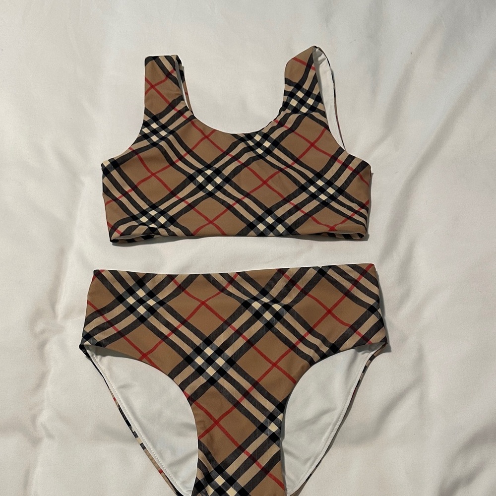 Burberry Tan Plaid Kids Bikini Set with Black and Red Accents